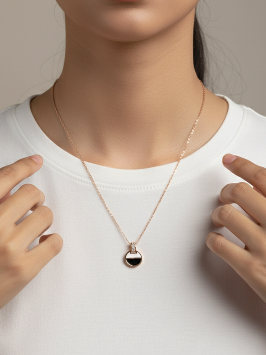 An Indian Model is wearing our Rose Gold Interlocked Black Stone Diamond Pendant Necklace