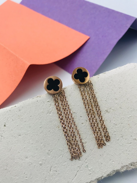 Buy Rose Gold Long Tasselled Black Clover Dangler Earrings - TheJewelbox