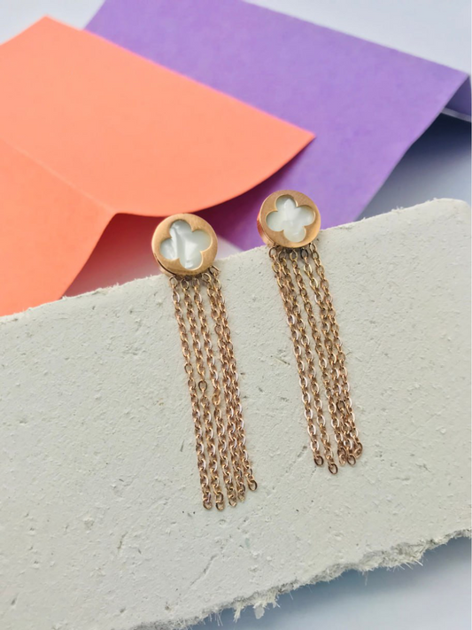 Buy Rose Gold Long Tasselled White Clover Dangler Earrings - TheJewelbox