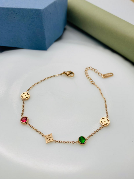 Buy Rose Gold Multi Color Stones and Clover Charms Bracelet - TheJewelbox