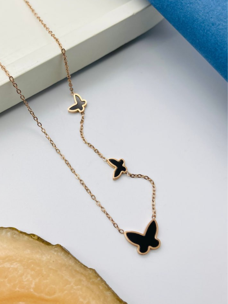 Rose Gold Plated Black Enamelled Butterfly Necklace