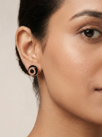 Black enamel round earrings for women