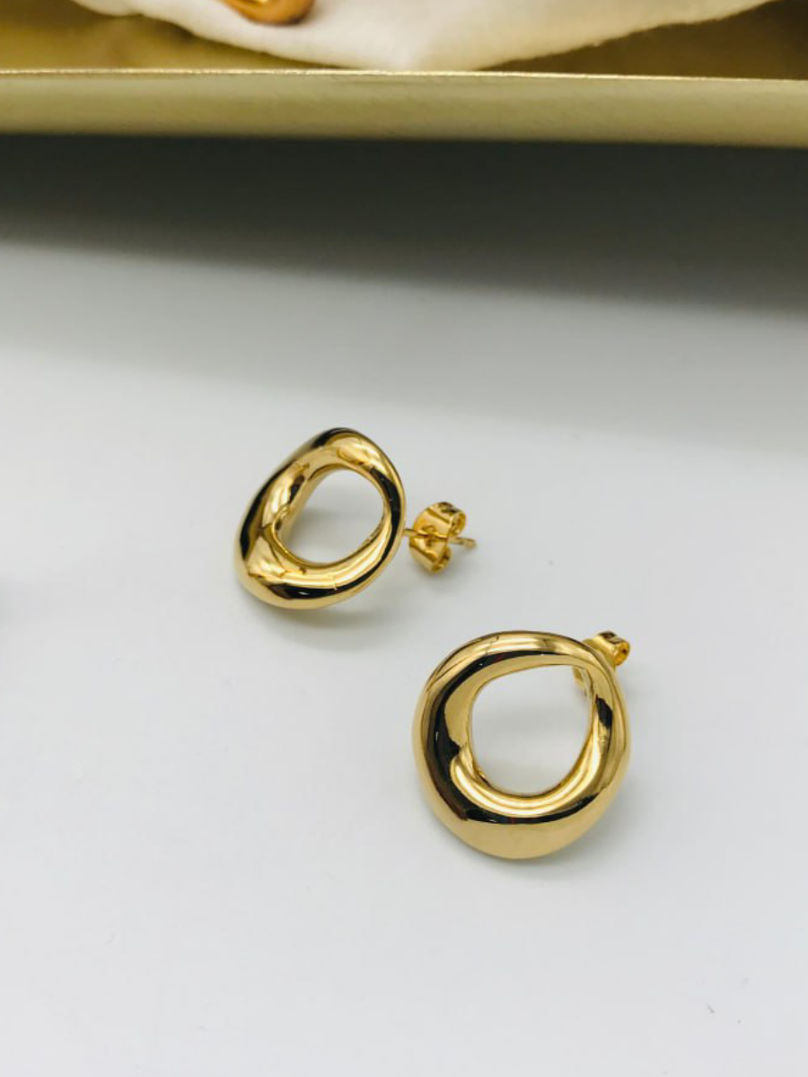 Round Curved Gold Plated Statement Stud Earrings