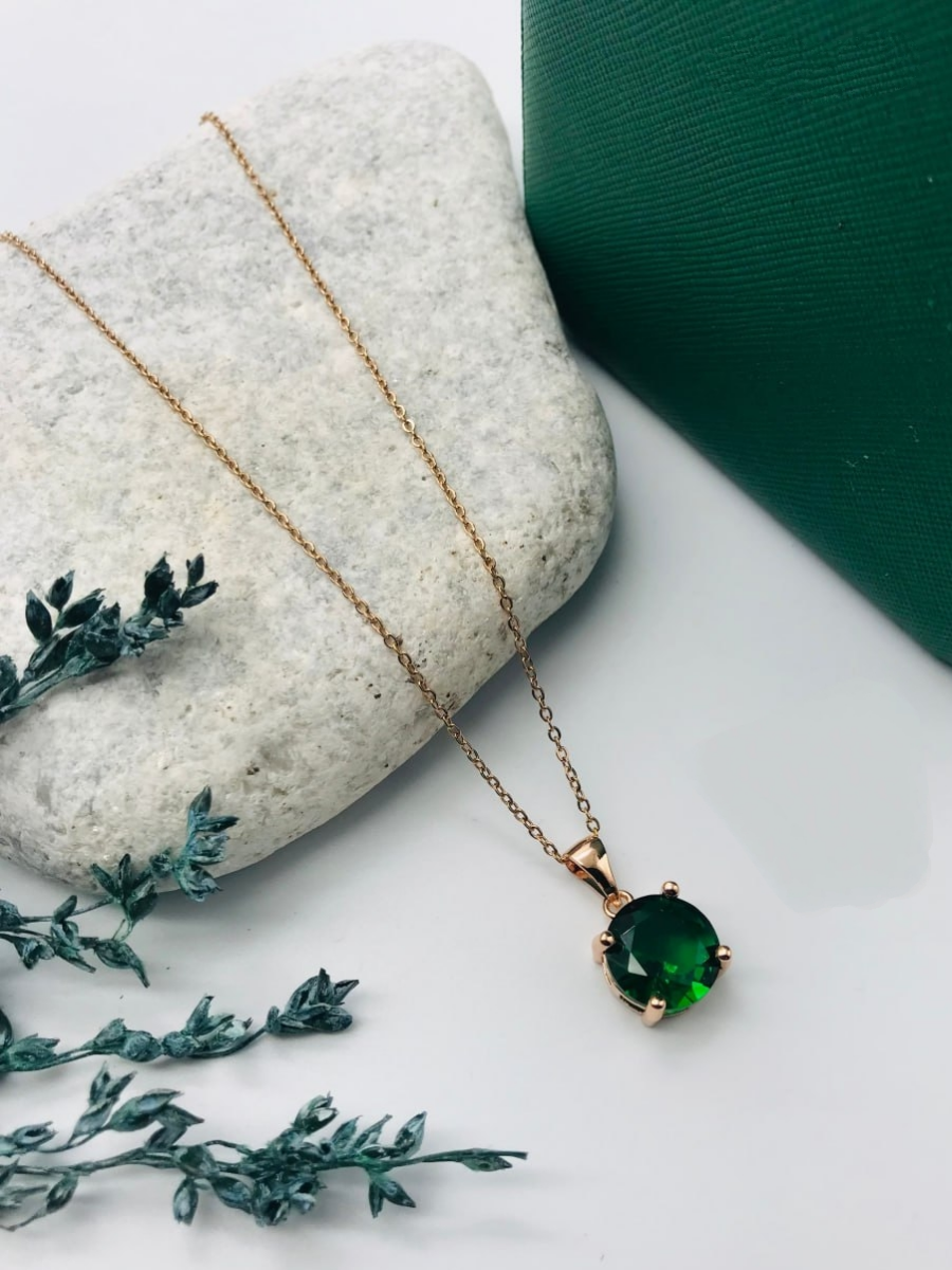 Buy Round Green Emerald Pendant Rose Gold Chain Necklace - TheJewelbox