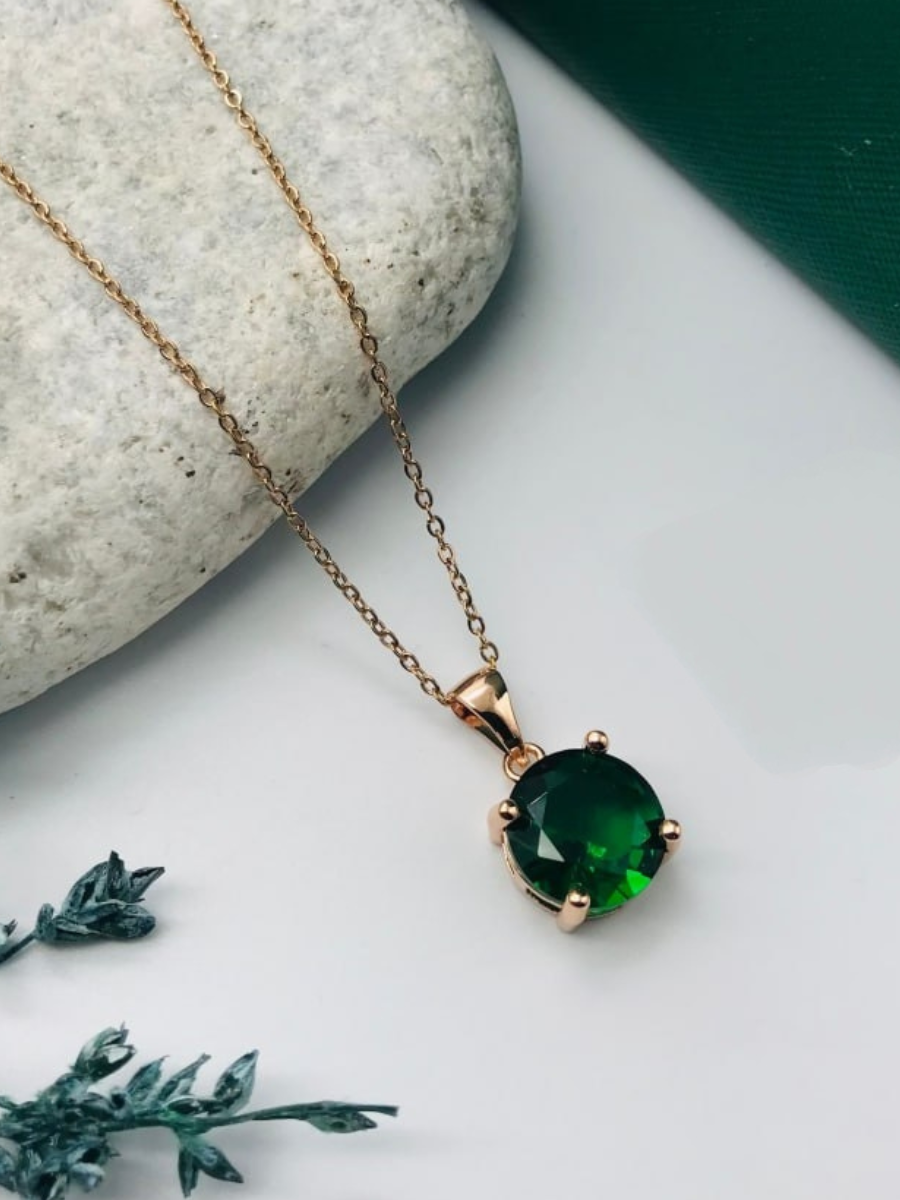 Round Green Emerald Pendant Rose Gold Chain Necklace