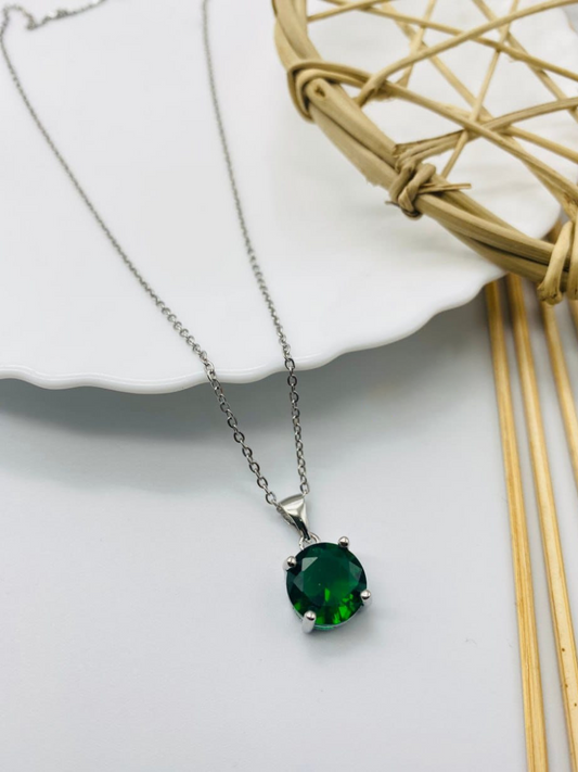 Round Green Emerald Pendant Silver Chain Necklace - TheJewelbox