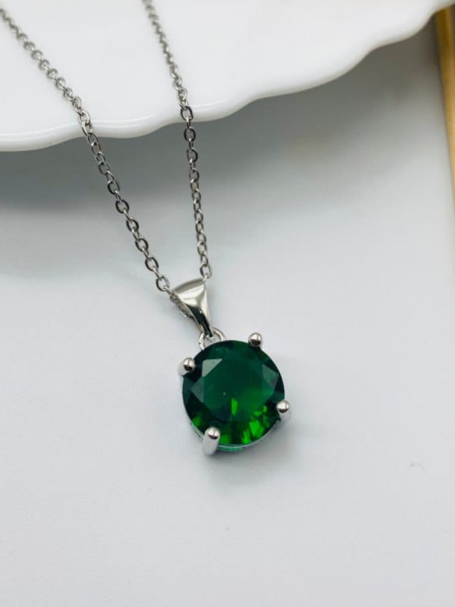 Round Green Emerald Pendant Silver Chain Necklace