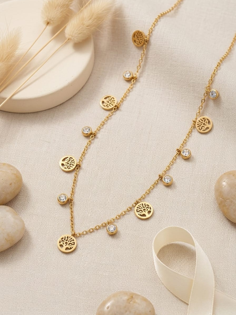 Buy Round Tree and Diamond Charms Golden Chain Necklace Online in India