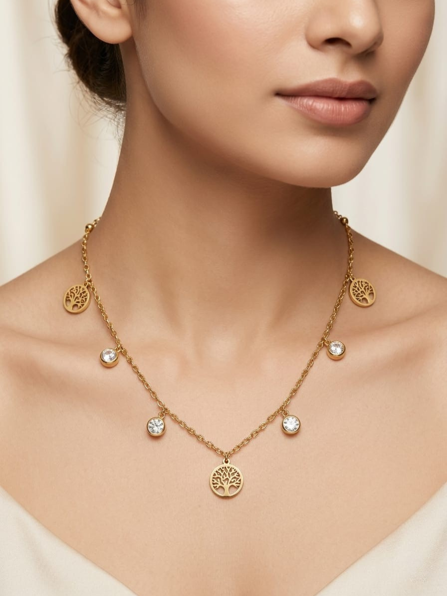 A model is wearing our Round Tree and Diamond Charms Golden Chain Necklace