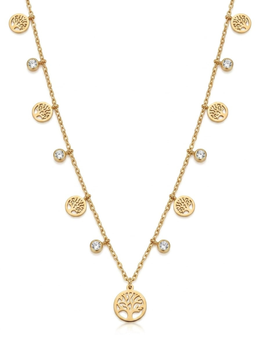 Round Tree and Diamond Charms Golden Chain Necklace