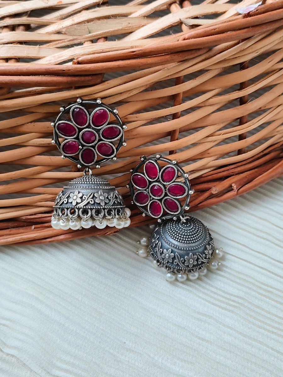 Ruby Red Flower Shaped German Silver Oxidised Jhumka Earrings