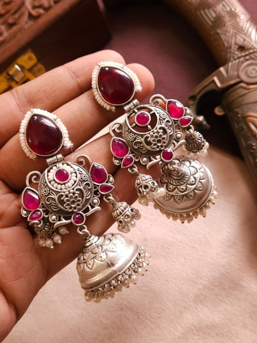 Buy Ruby Red German Silver Oxidised Jhumka Earrings - TheJewelbox