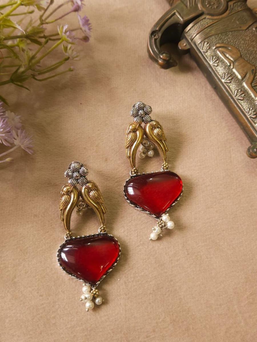 Buy Ruby Red Monalisa Stone Dual Tone Oxidised Stud Earrings Online - TheJewelbox