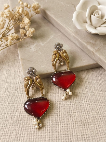 Buy Ruby Red Monalisa Stone Dual Tone Oxidised Stud Earrings Onlins in India