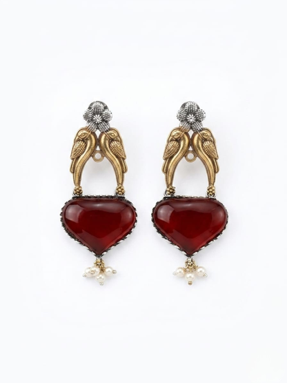 Ruby Red Monalisa Stone Dual Tone Oxidised Stud Earrings