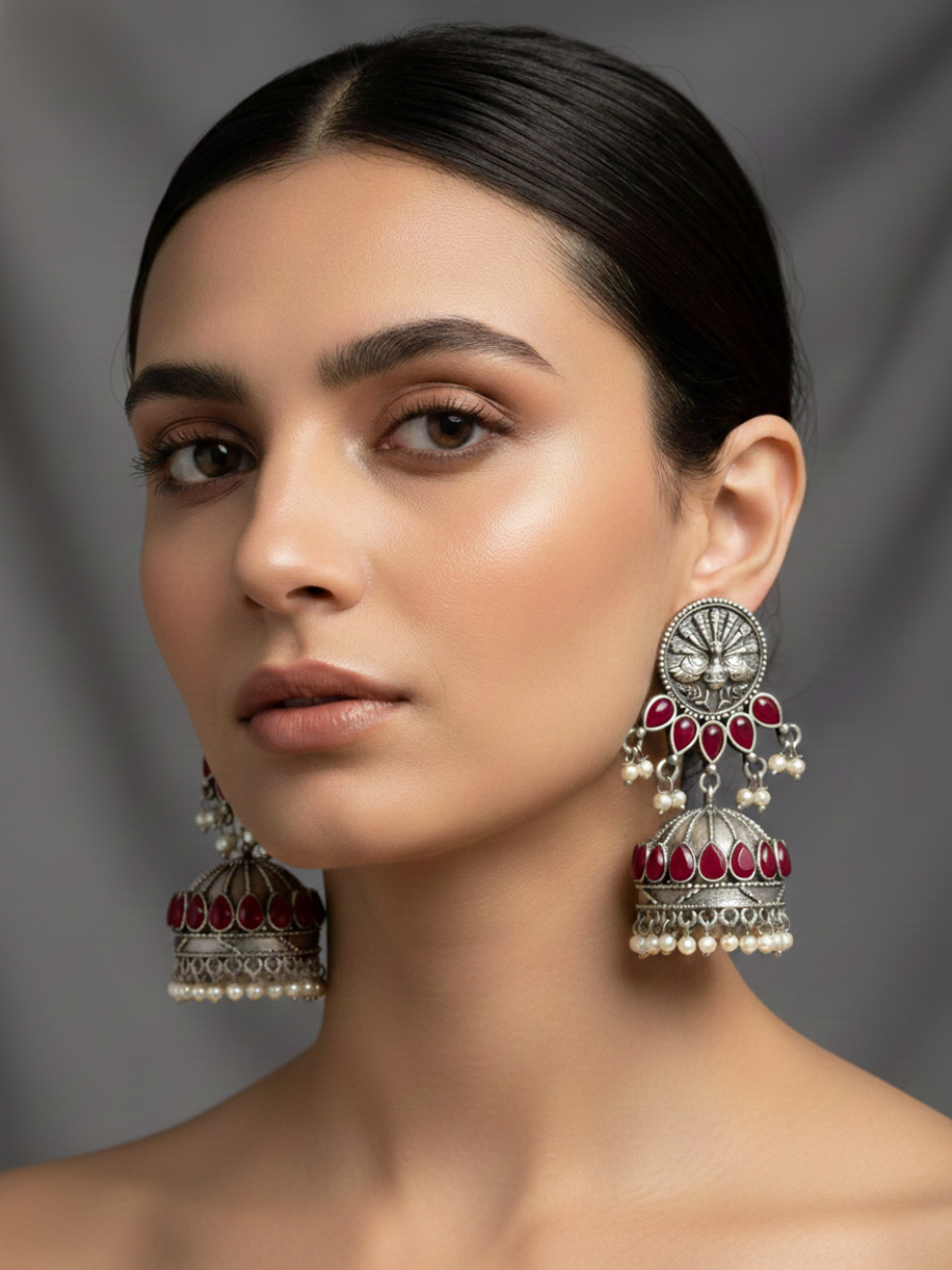 Ruby Red Oxidised Silver Peacock Statement Jhumka Earrings