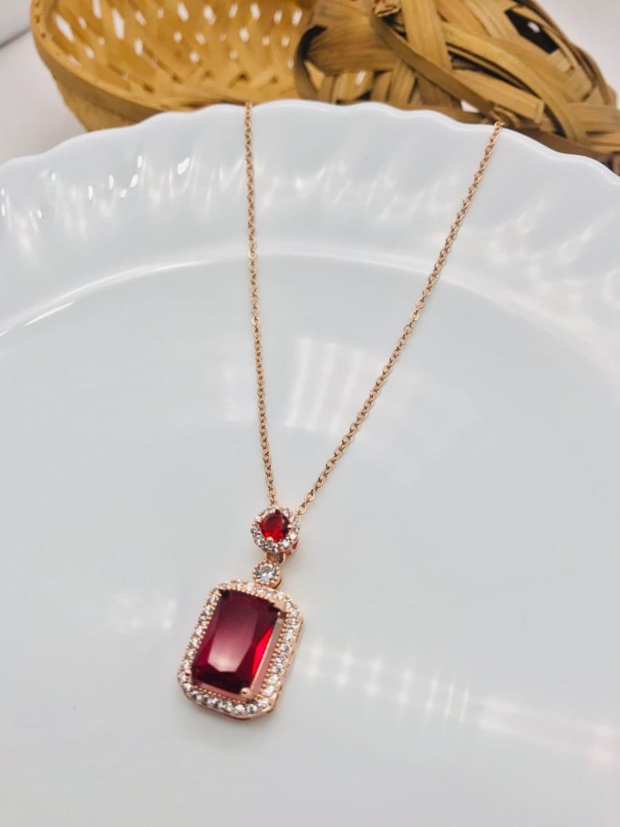 Buy Ruby Red Rectangular Pendant Rose Gold Chain Necklace Online – The ...