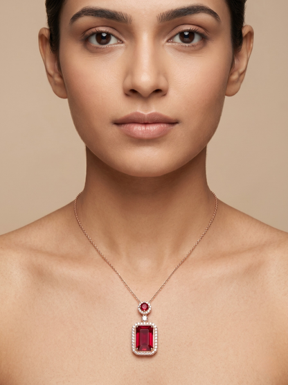 Woman wearing a red gemstone rose gold plated chain necklace