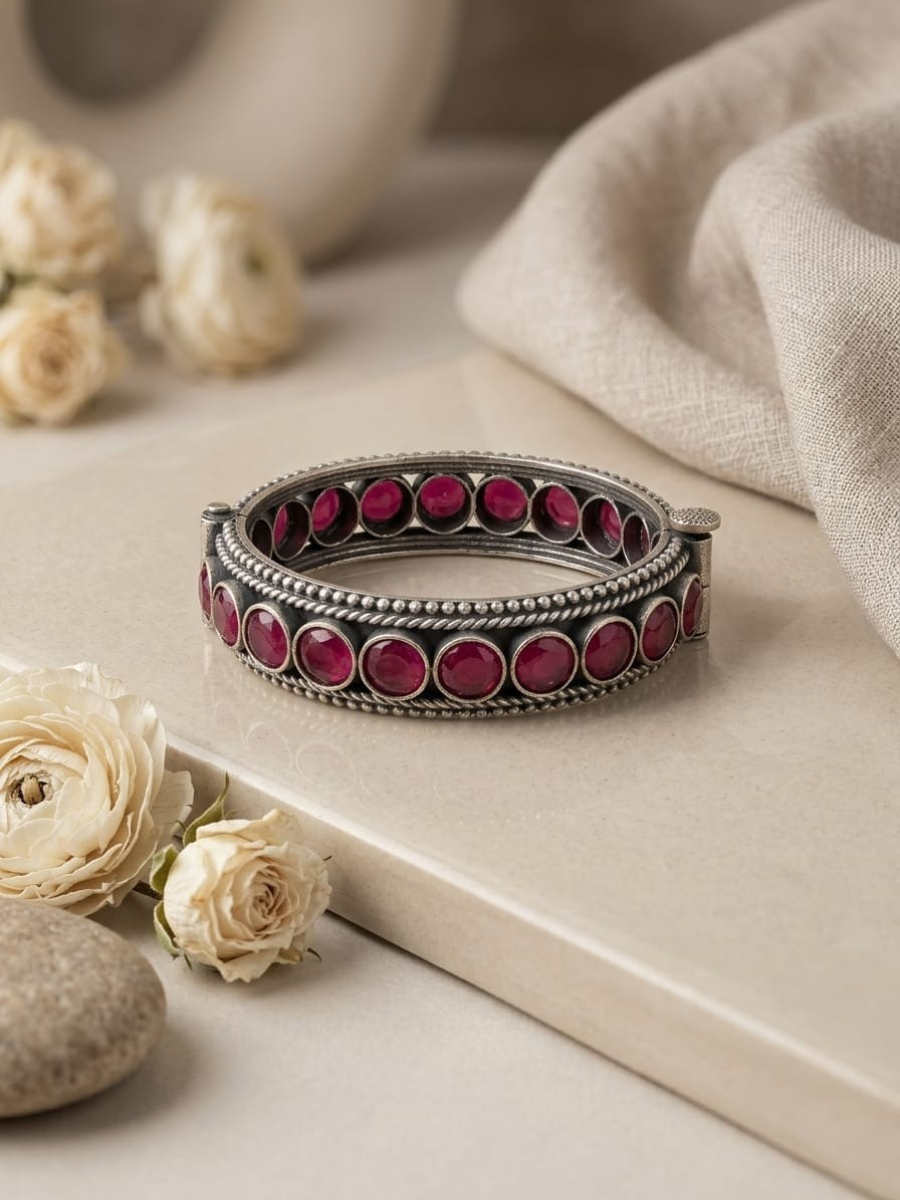 Buy Ruby Red Round Stone German Silver Oxidised Bangle Online in India