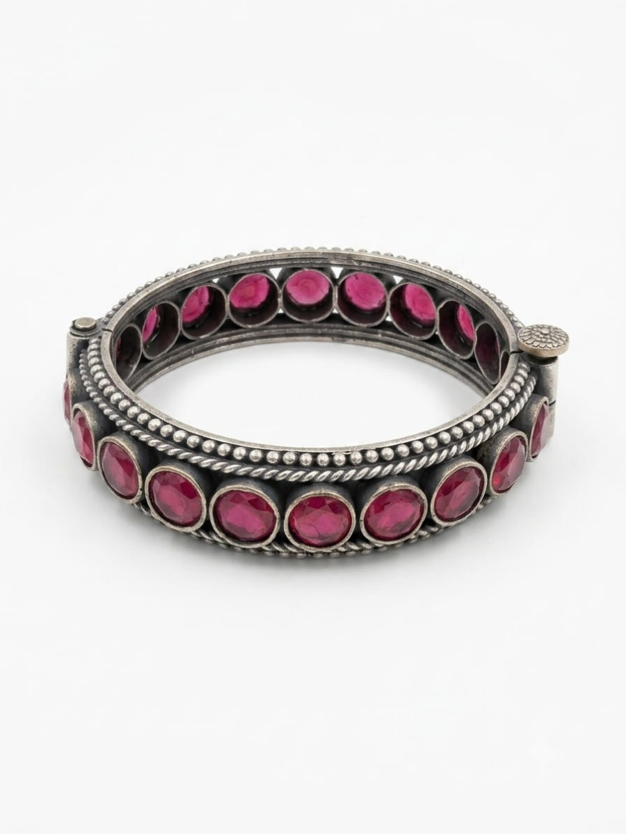 Ruby Red Round Stone German Silver Oxidised Bangle