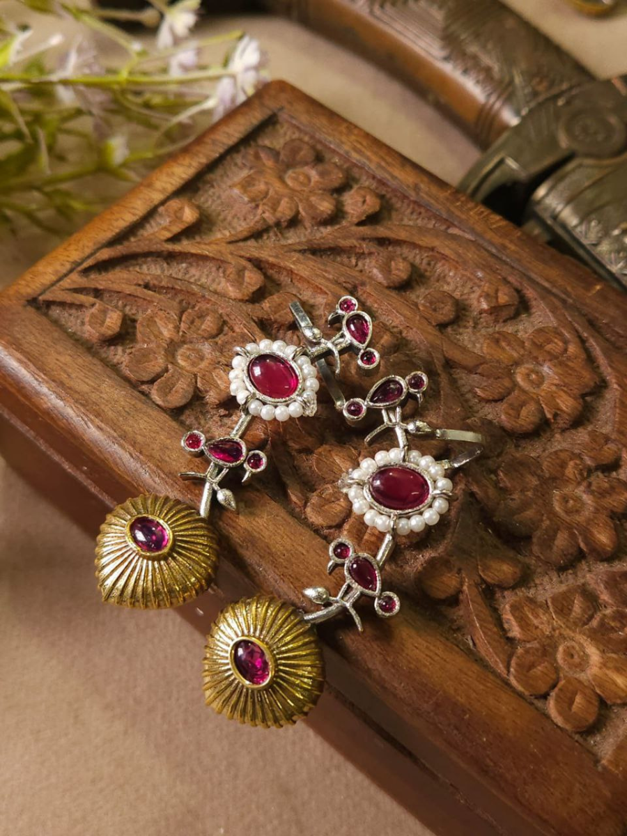 Buy Ruby Red Stone Dual Tone Oxidised Bird Earcuff Earrings Online - TheJewelbox