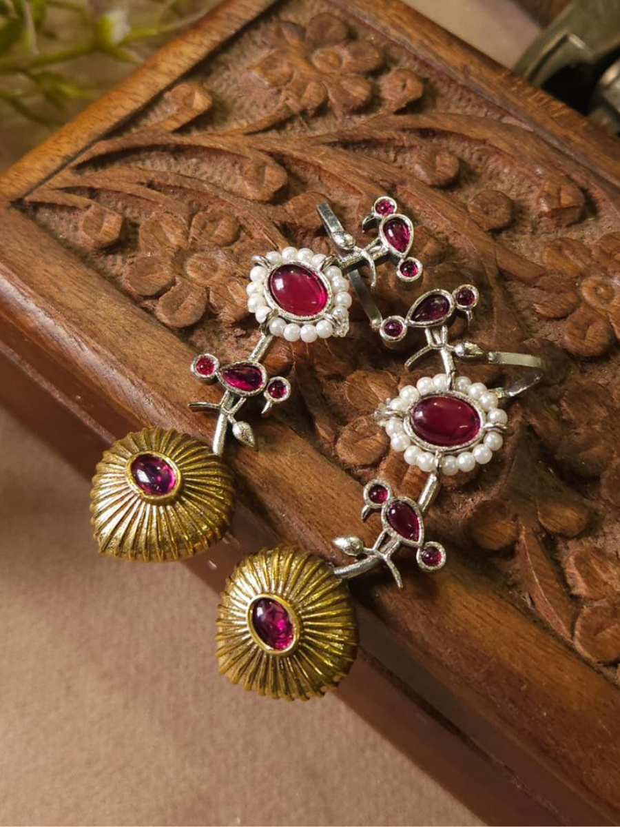 Ruby Red Stone Dual Tone Oxidised Bird Earcuff Earrings