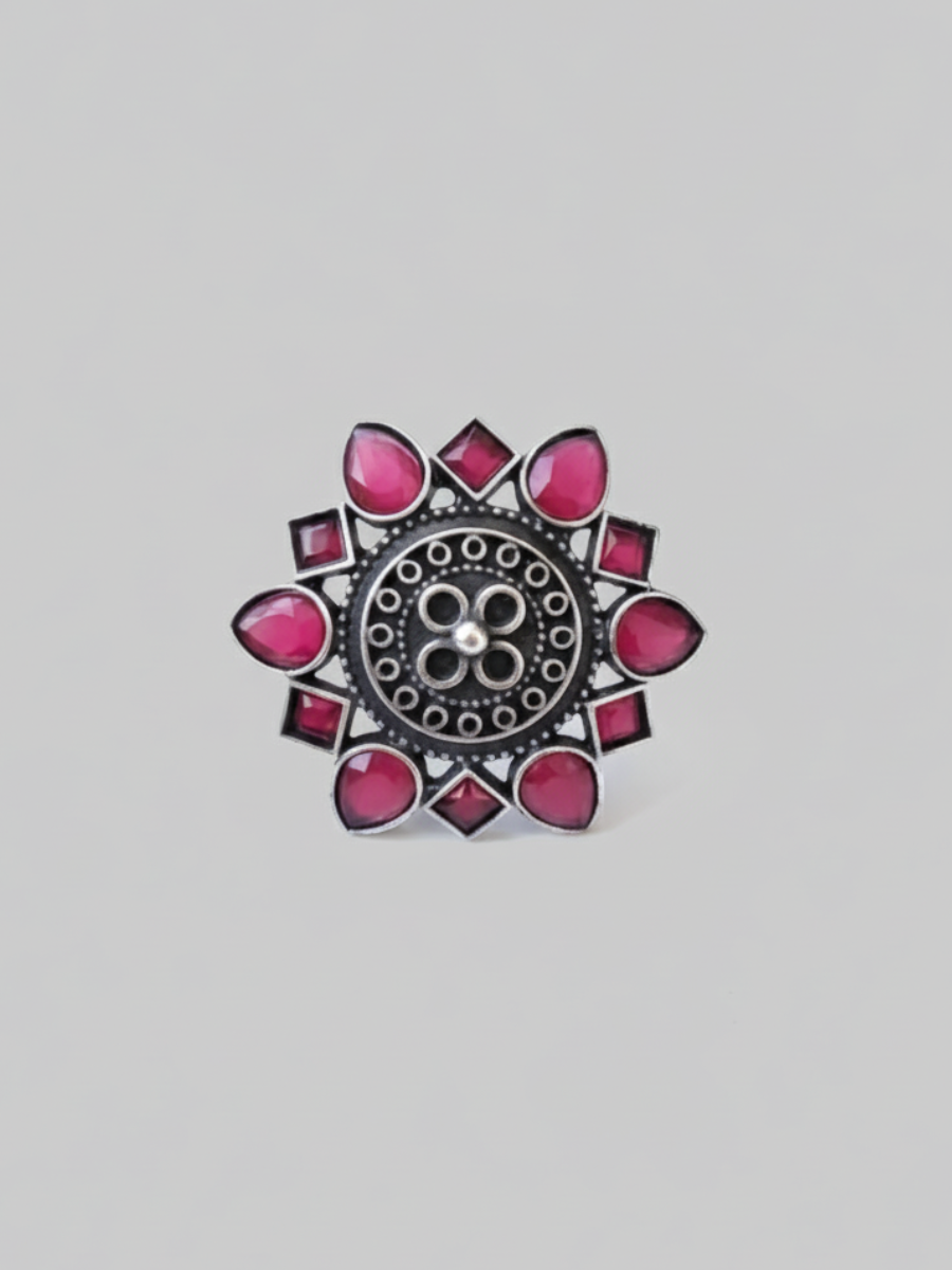 Buy Ruby Red Stone Flower Shaped German Silver Oxidised Big Ring Online - TheJewelbox
