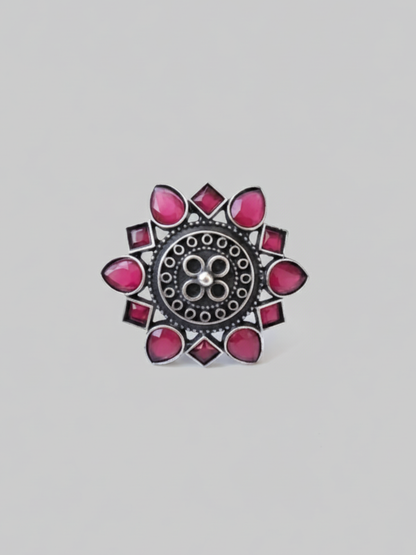 Buy Ruby Red Stone Flower Shaped German Silver Oxidised Big Ring Online - TheJewelbox