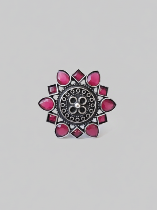 Buy Ruby Red Stone Flower Shaped German Silver Oxidised Big Ring Online - TheJewelbox