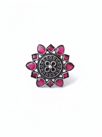 Ruby Red Stone Flower Shaped German Silver Oxidised Big Ring