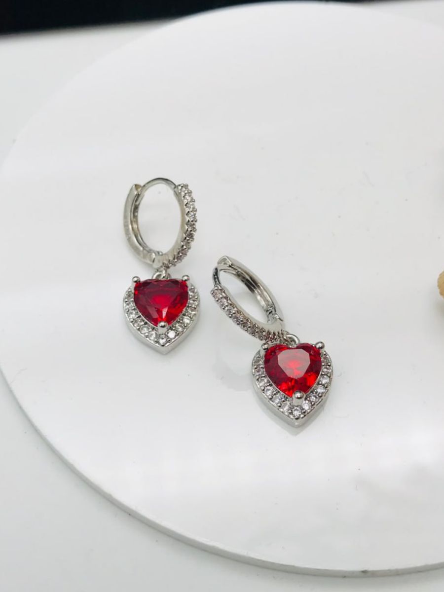 Ruby Red Stone Heart Hanging Silver Huggie Hoop Earrings