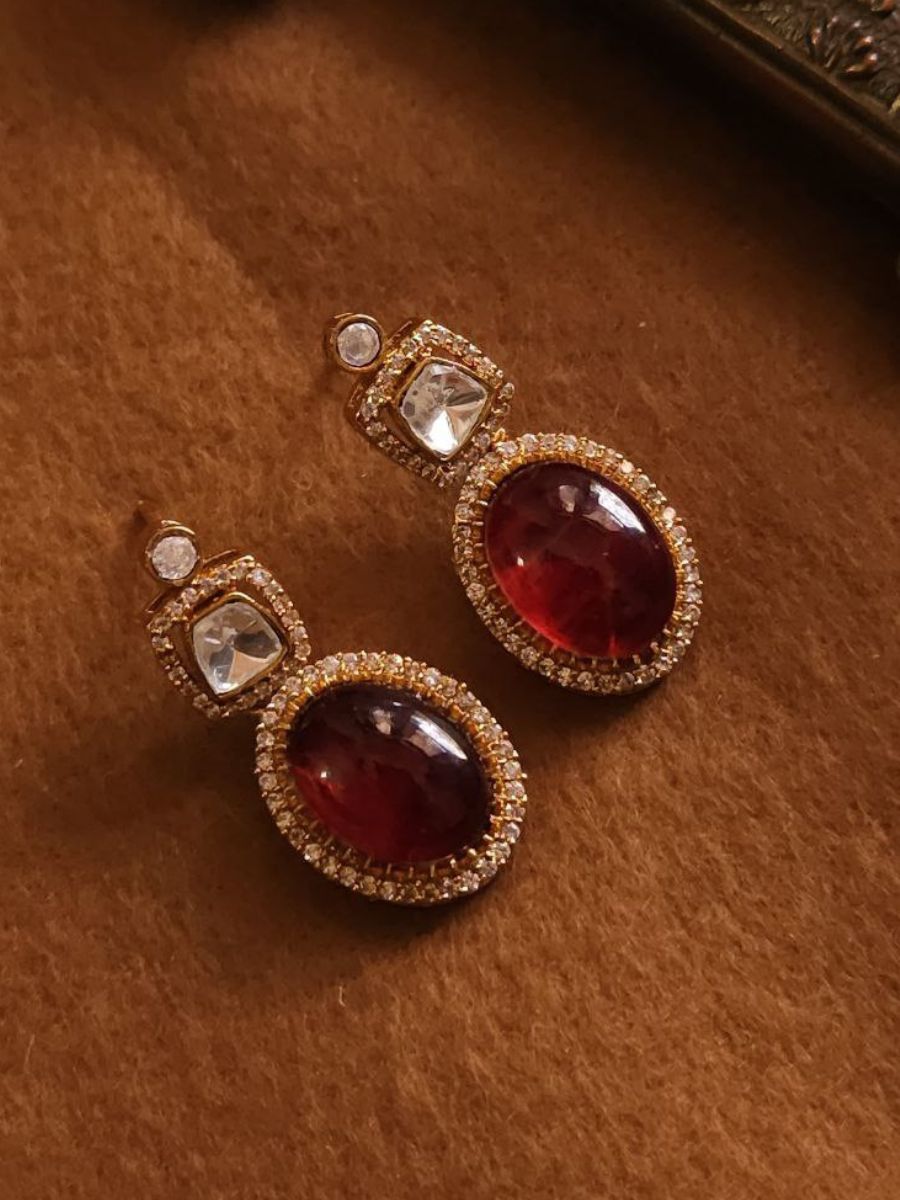 Ruby Red Stone Polki Kundan Diamond Stud Earrings