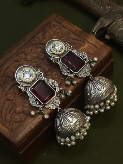 Ruby Red Stone Studded German Silver Oxidised Big Jhumka Earrings