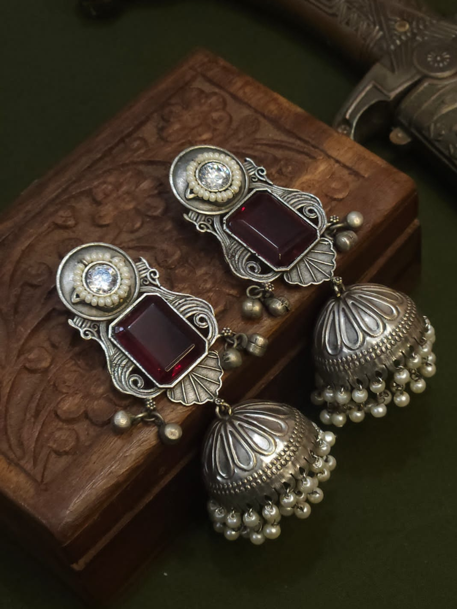 Ruby Red Stone Studded German Silver Oxidised Big Jhumka Earrings