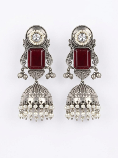 Ruby Red Stone Studded German Silver Oxidised Big Jhumka Earrings
