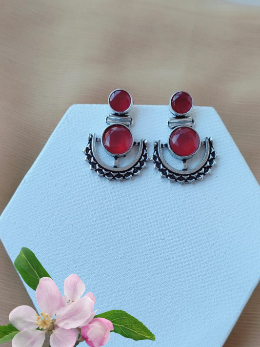 Ruby Red Stone Studded Oxidised Silver Dangler Earrings