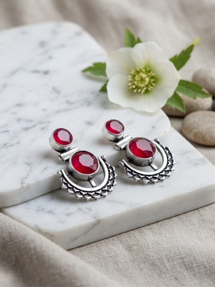 Buy Ruby Red Stone Studded Oxidised Silver Dangler Earrings Online in India