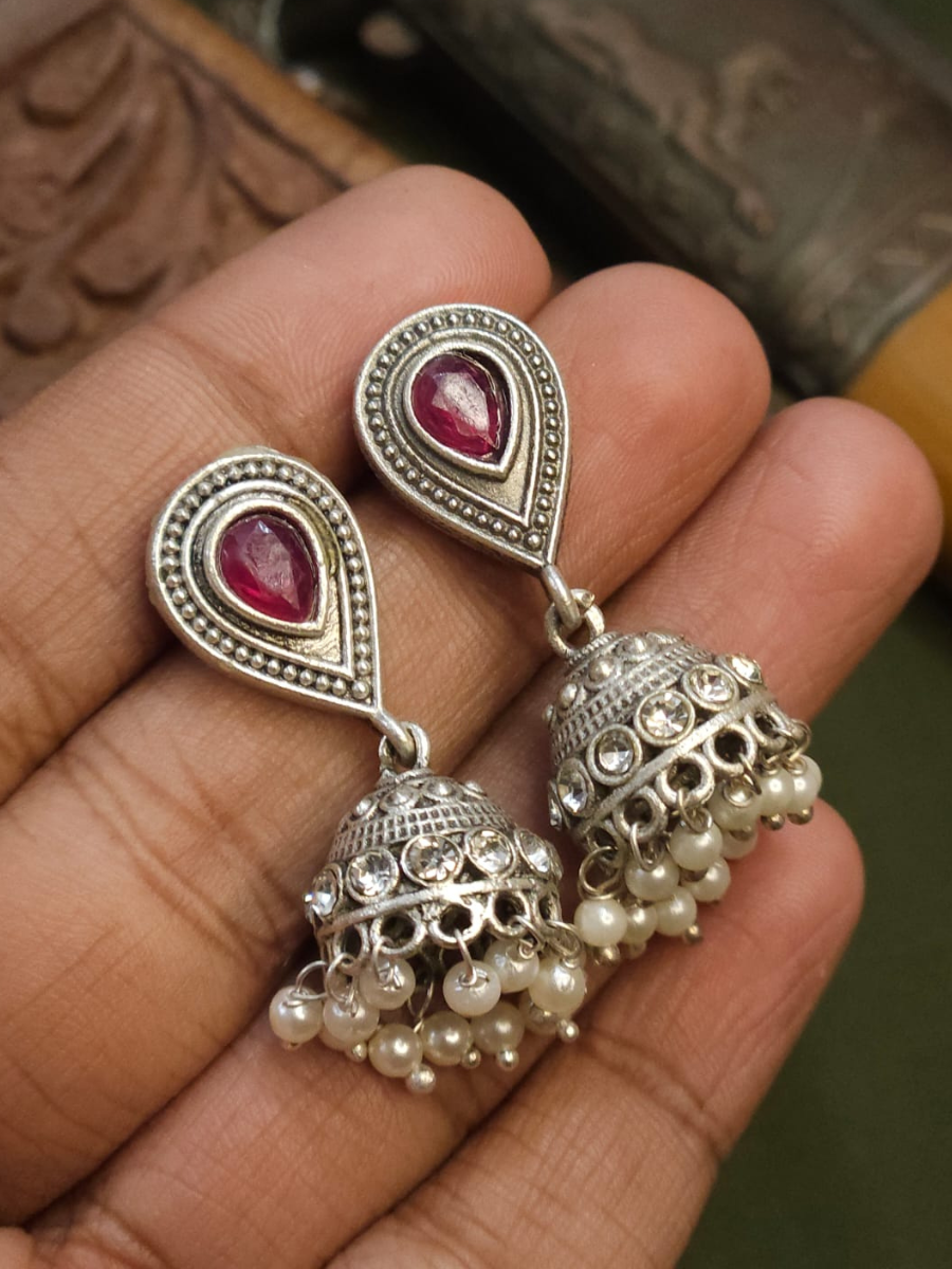 Ruby Red Stone Studded Oxidised Silver Small Jhumka Earrings