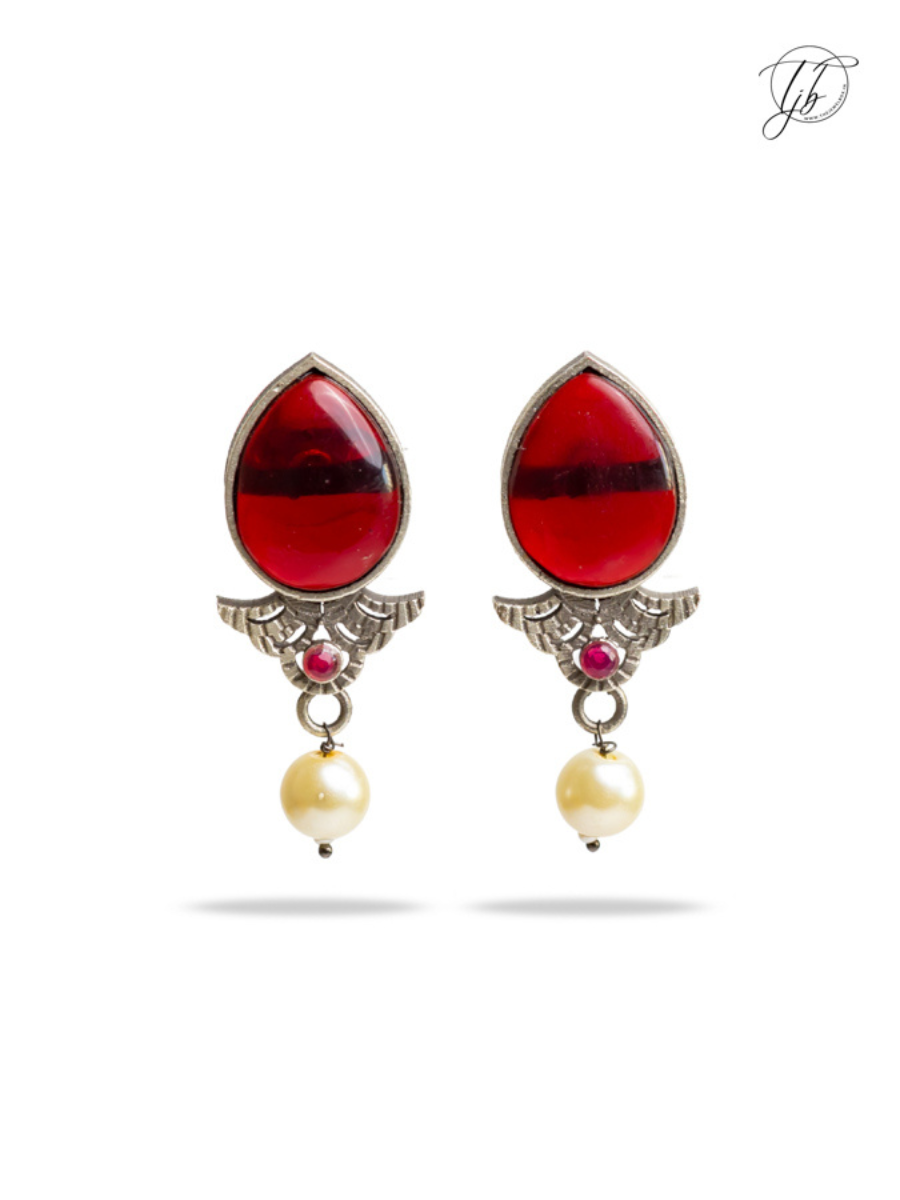 Ruby Red Stone Studded Oxidised Silver Stud Earrings