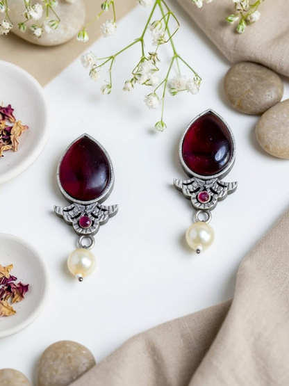 Buy Ruby Red Stone Studded Oxidised Silver Stud Earrings Online in India