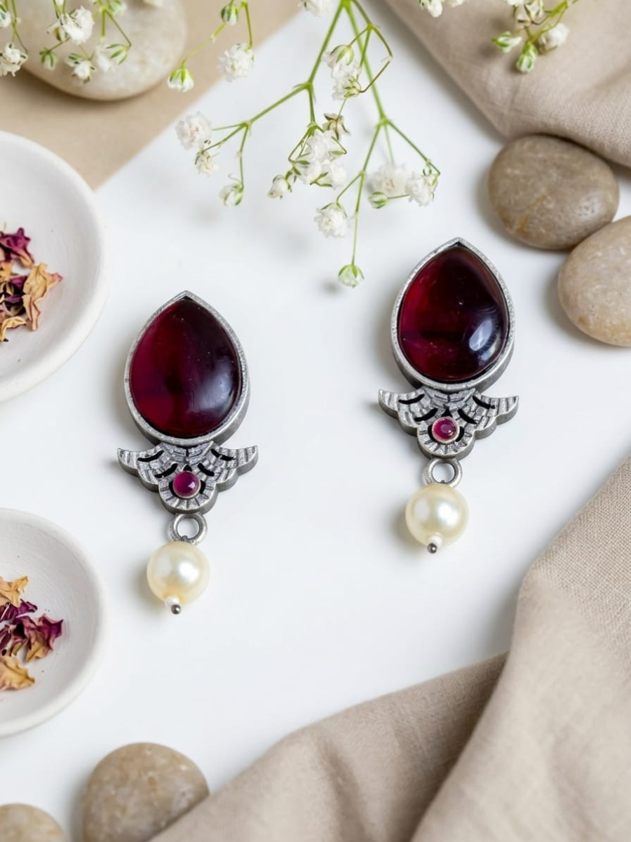 Buy Ruby Red Stone Studded Oxidised Silver Stud Earrings Online in India