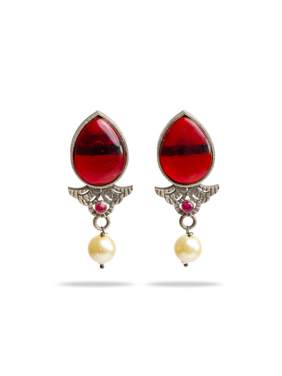 Ruby Red Stone Studded Oxidised Silver Stud Earrings