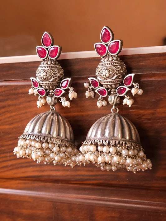 Buy Ruby Red Stone and Pearls German Silver Oxidised Jhumka Earrings - TheJewelbox