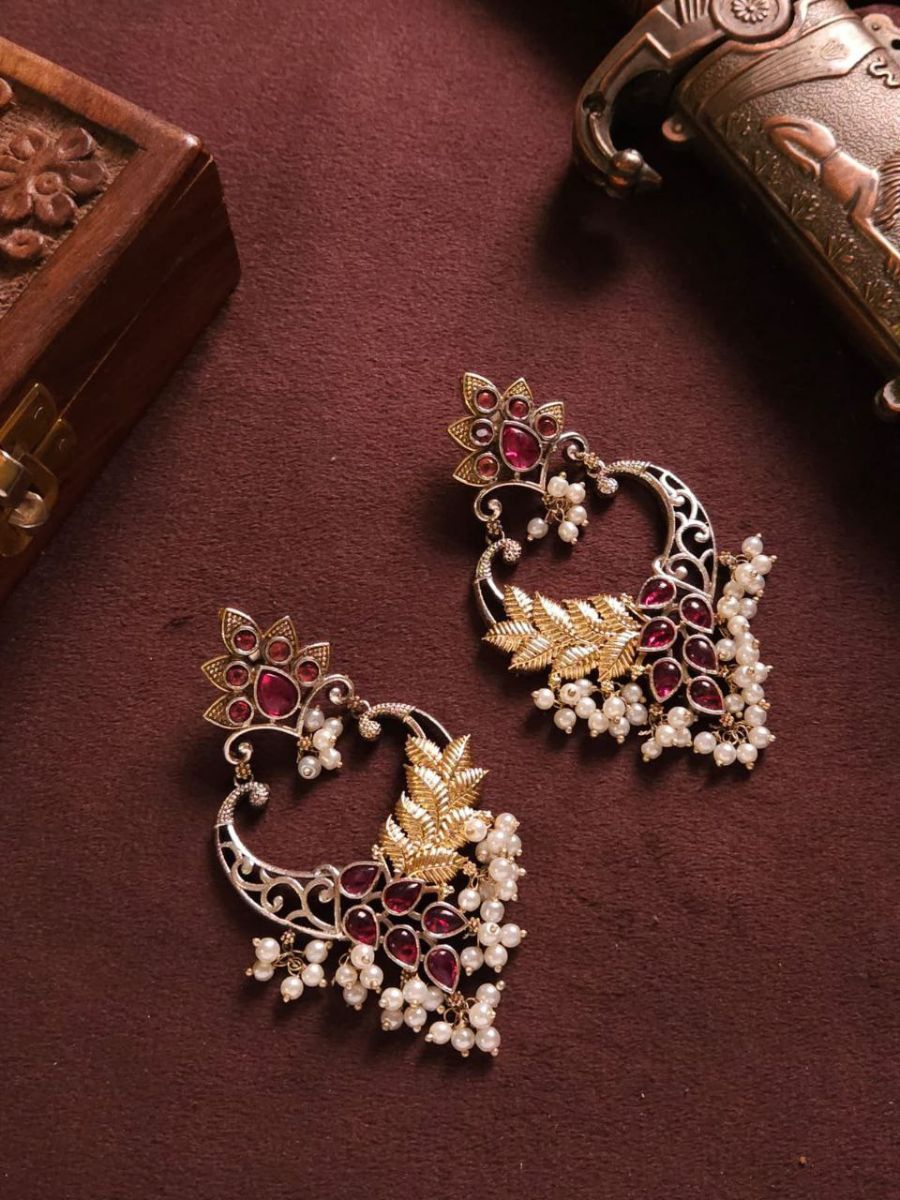 Buy Ruby Red Stones Dual Tone German Silver Oxidised Earrings - TheJewelbox