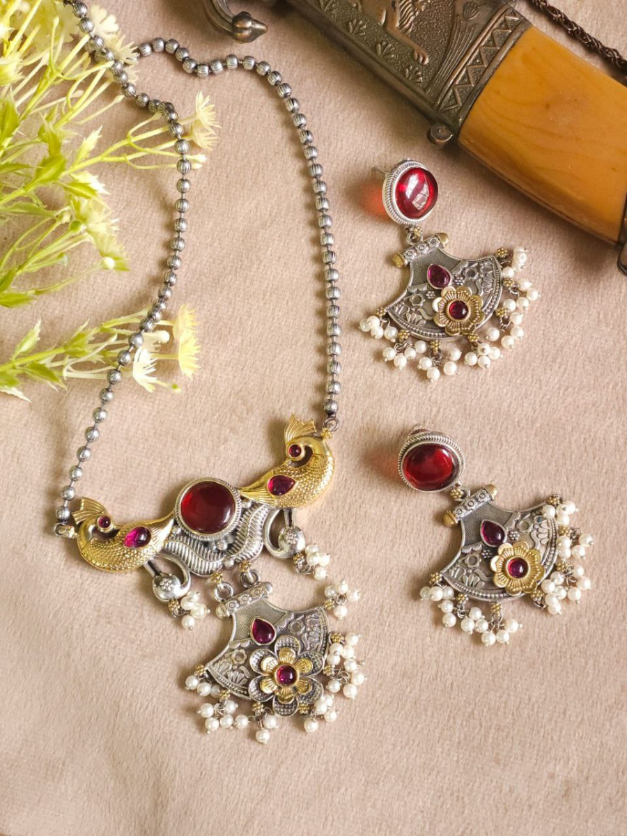 Buy Ruby Red Stones Dual Tone Oxidised Long Chain Necklace Set Online - TheJewelbox