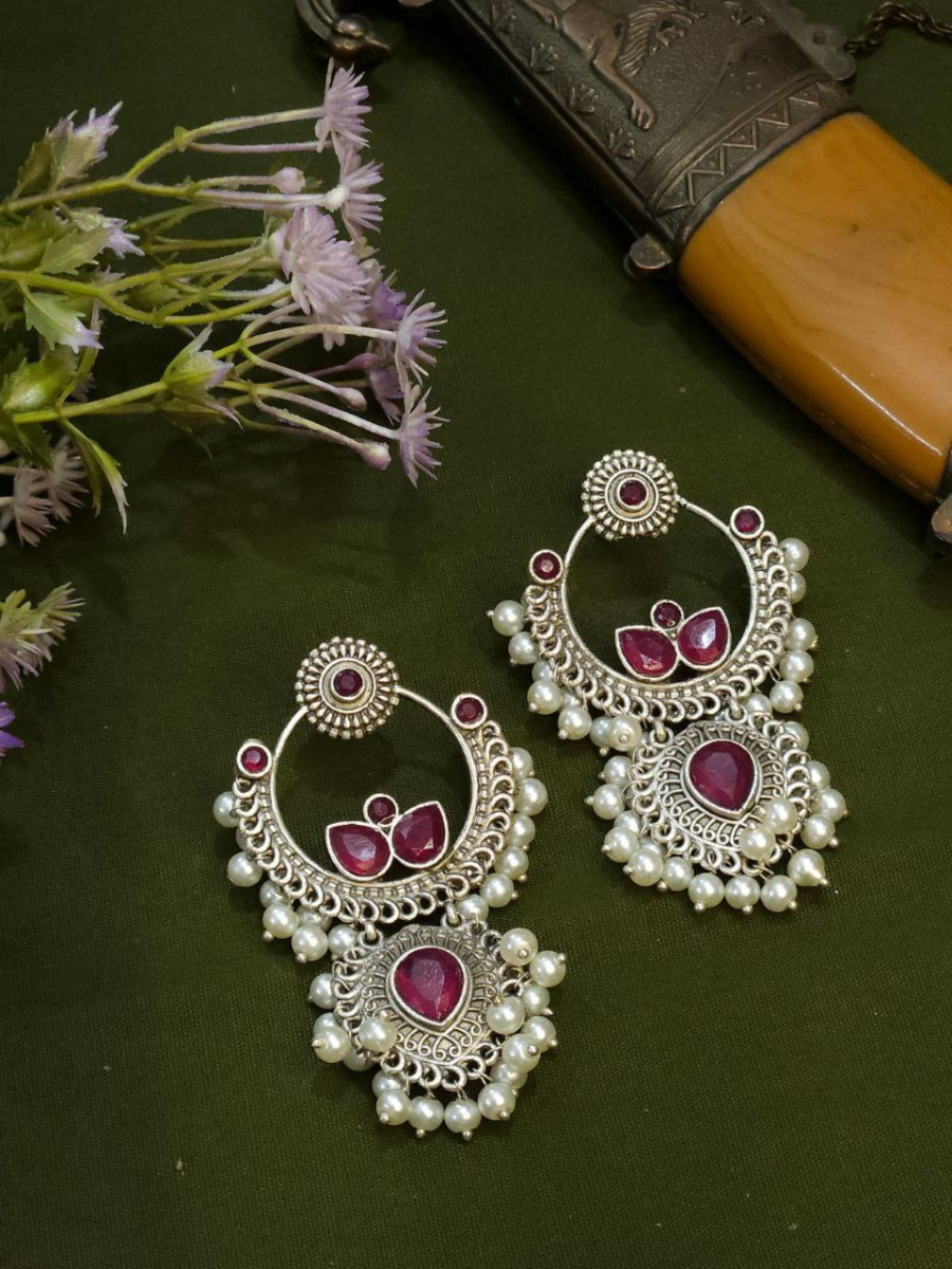 Buy Ruby Red Stones Oxidised Silver Plated Chandbali Earrings Online - TheJewelbox