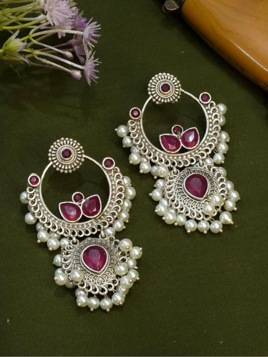 Ruby Red Stones Oxidised Silver Plated Chandbali Earrings