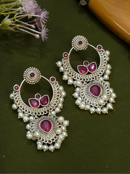 Ruby Red Stones Oxidised Silver Plated Chandbali Earrings