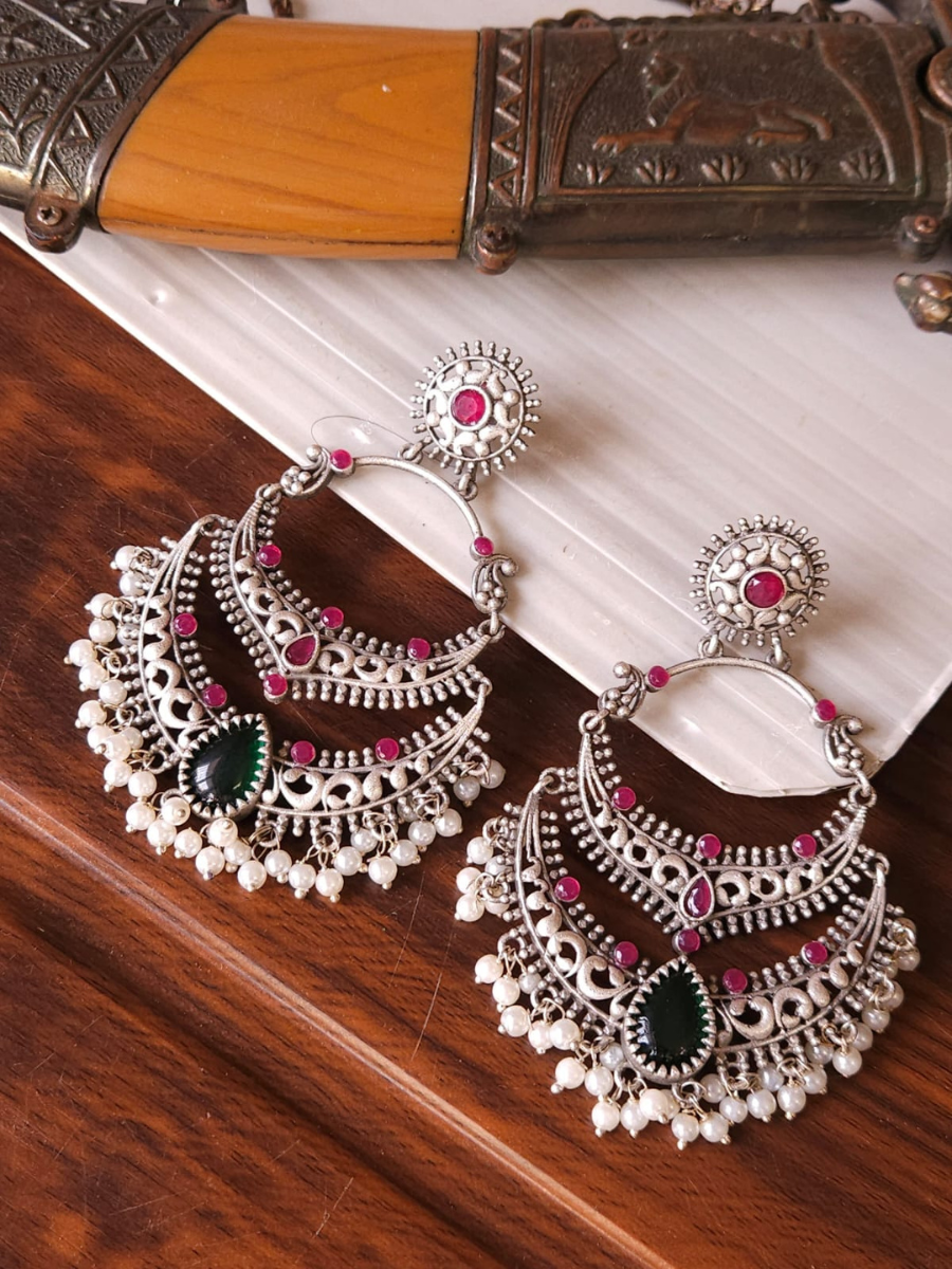 Buy Ruby Red and Black Stone German Silver Oxidised Chandbali Earrings - TheJewelbox