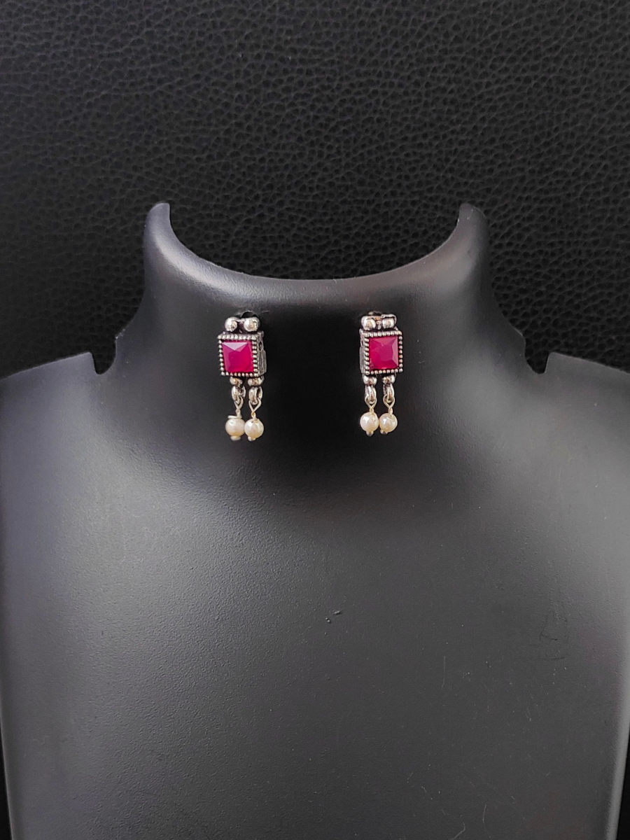Ruby Red Square Stone Oxidised Silver Earrings